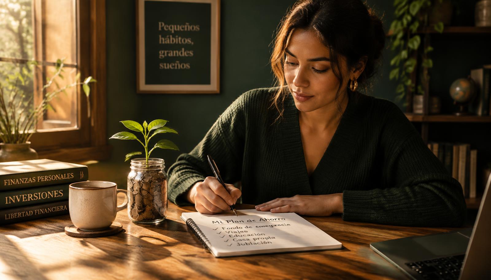 Mujer latina escribiendo su plan de ahorro junto a un frasco de monedas con una planta brotando