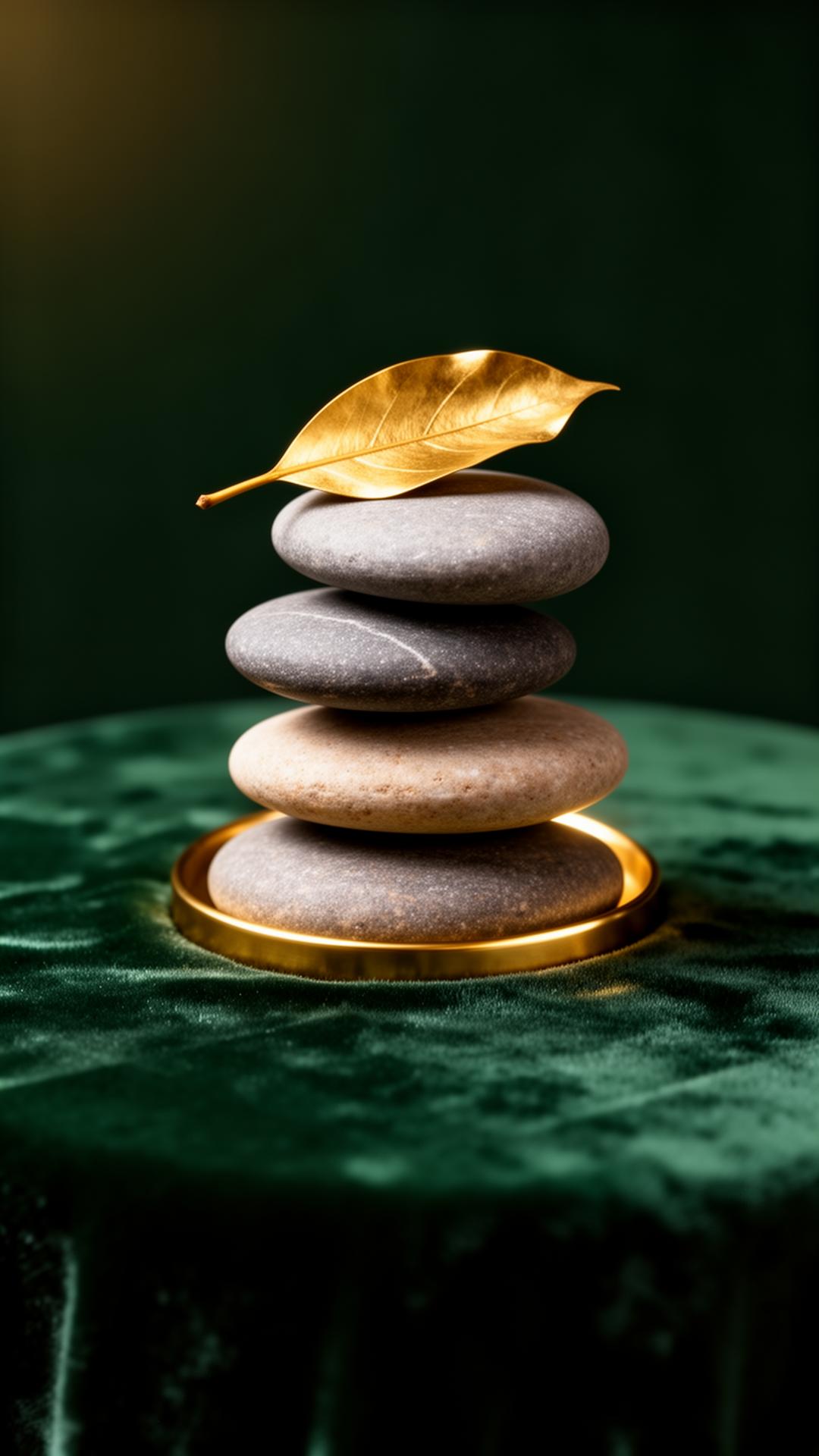 Piedras en equilibrio sobre terciopelo verde, símbolo de balance financiero