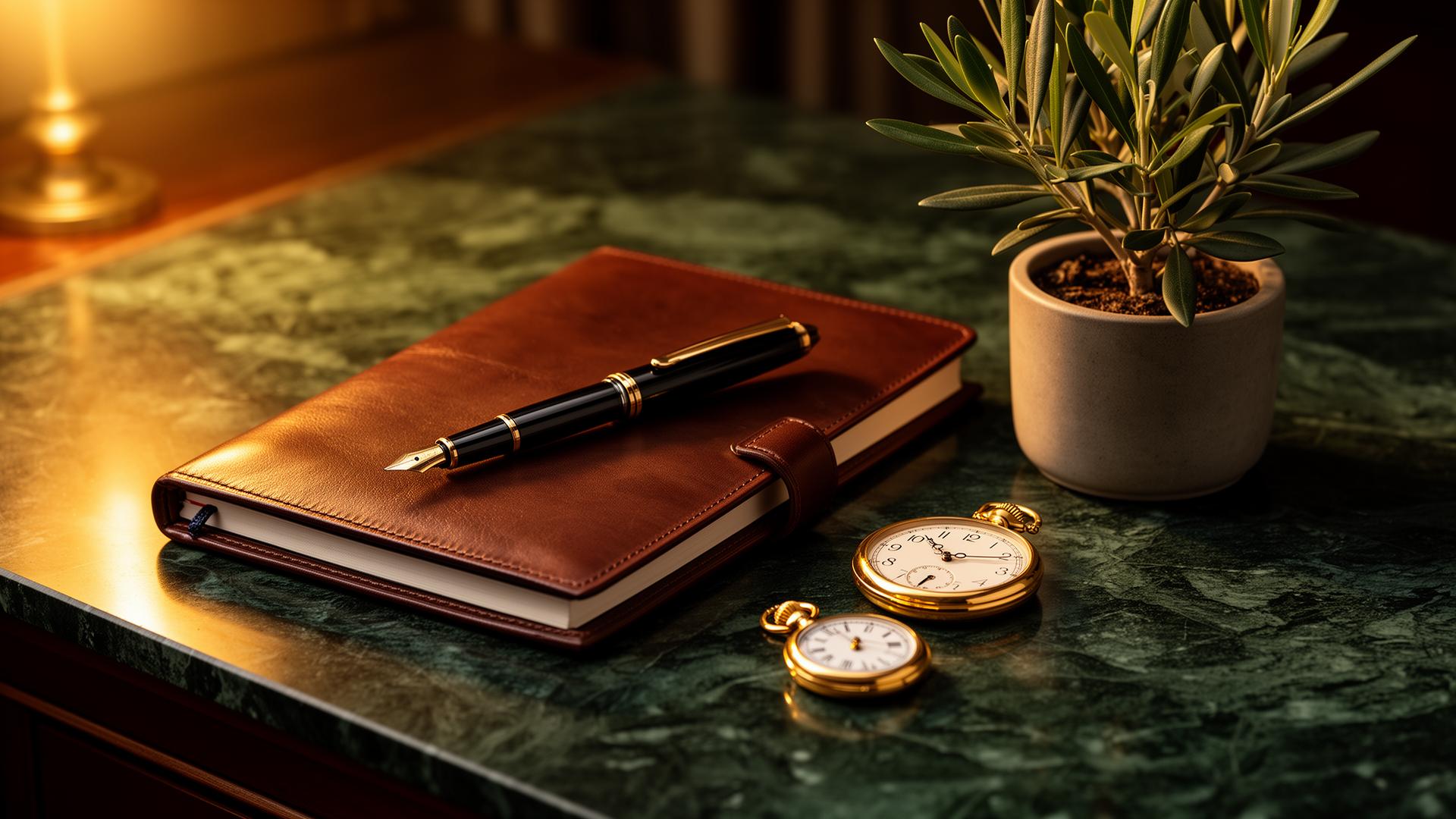 Escritorio con cuaderno, pluma y olivo: símbolo de planeación cuidadosa
